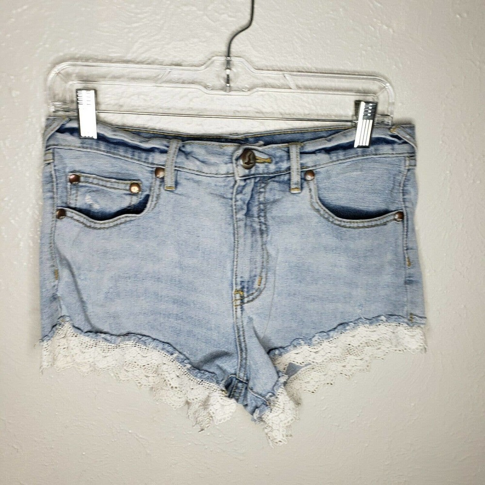Free People Sz 28 Medium Wash Distressed Lace Trim High Rise Jean Shorts BOHO